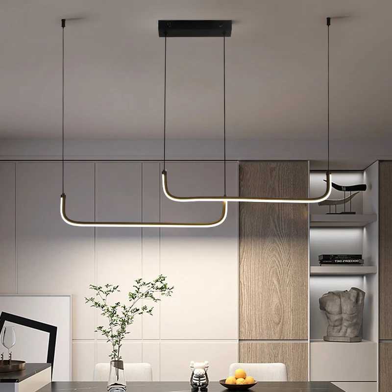 Modern Minimalist LED Pendant Light Fixture For Dining Room Adjustable Height Black Linear Hanging Lamp For Kitchen Living RoomM240731