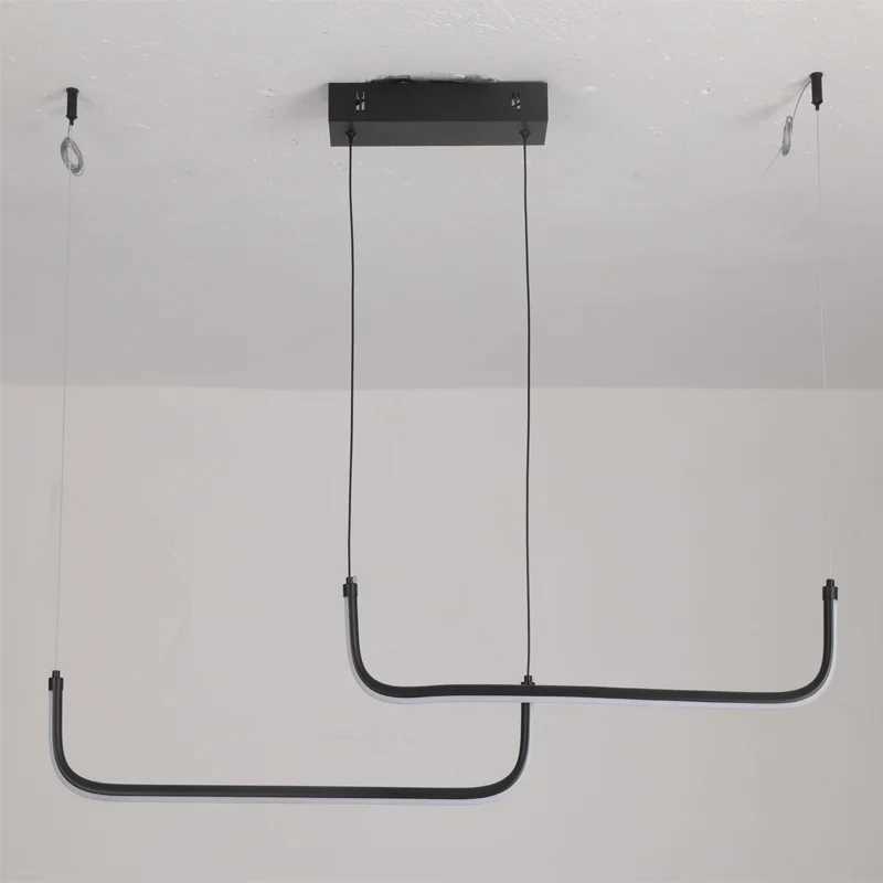 Modern Minimalist LED Pendant Light Fixture For Dining Room Adjustable Height Black Linear Hanging Lamp For Kitchen Living RoomM240731
