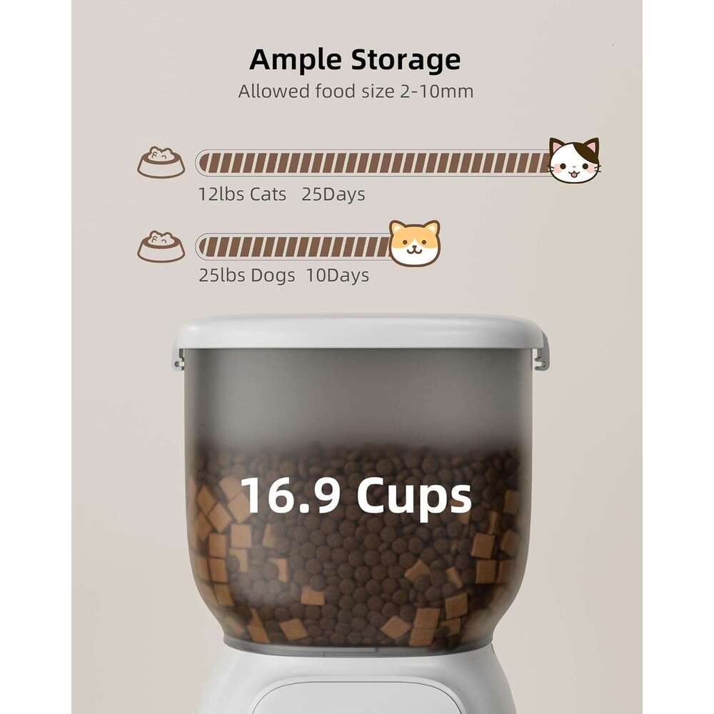 Automatic Cat Feeder, 4L Detachable Cat Food Dispenser for Dry Food Up to 15 Portions(8g/Portion) 6 Meals Per Day, Dual Power Supply Timed Cat Feeders
