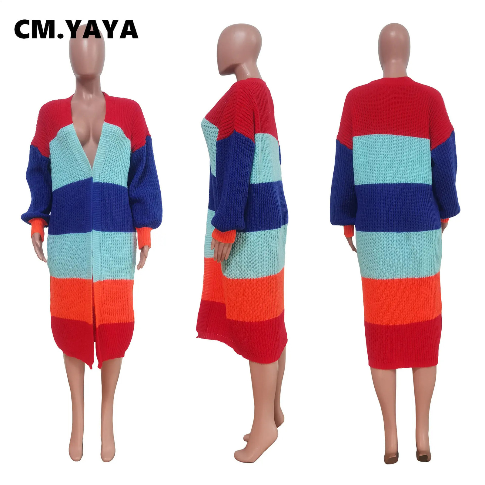 CM.YAYA Elegant Women Knit Ribbed Patchwork Long Sleeve Open Stitch Slim Cardigan Sweater Thick Warm Oversized Sweaters Outwear 240802