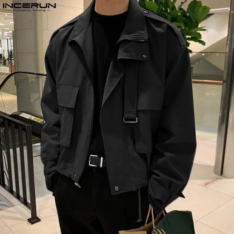 Men Jackets Solid Color Lapel Long Sleeve Pockets Zipper Casual Male Cargo Coats Streetwear Fashion Outerwear S-5XL INCERUN 240802