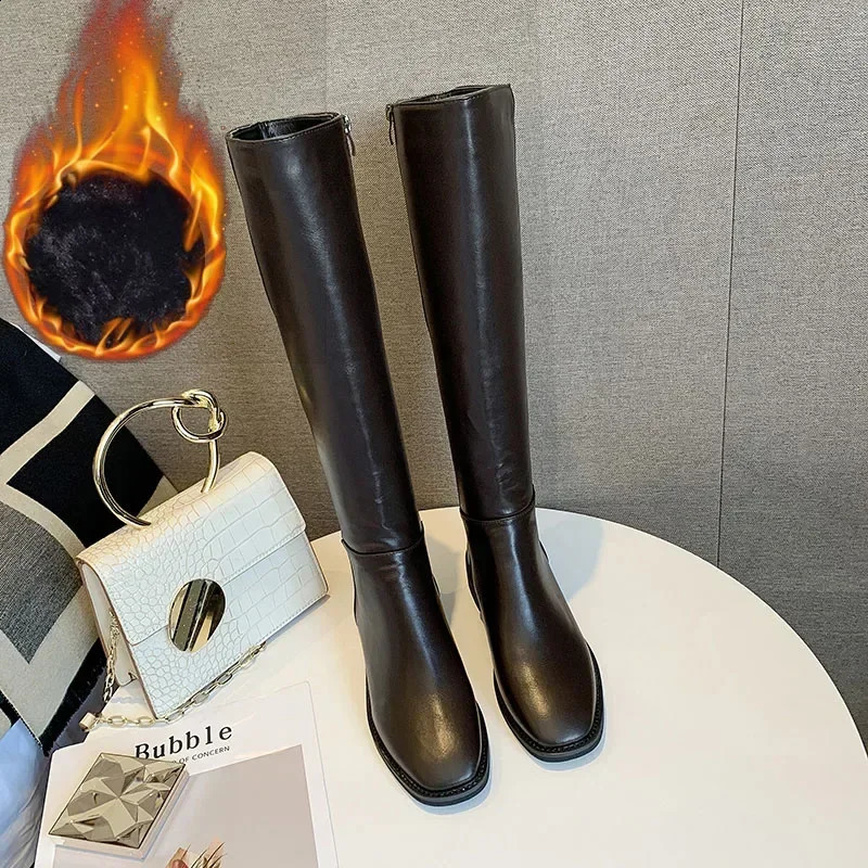 Winter Cotton Women Knee High Boots Fashion Zippers Ladies Elegant Low Heel Long Booties Winter Soft Leather Womens Footwear 250227