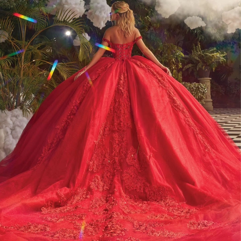 Red Shiny Princess Quinceanera Dresses Off Shoulder Applique Lace Beading Tull With Cape Corset Sweet 16 Birthday Party Gown Vestidos 15 De Anos