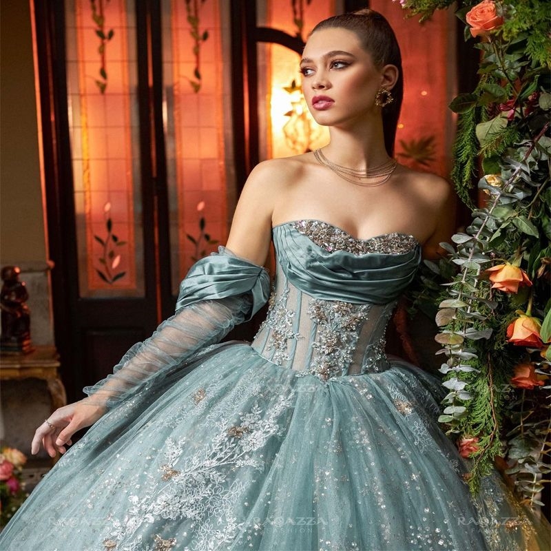 Water Blue Shiny Quinceanera Dresses Crystal Ball Gown Off the Shoulder Giltter Sequins Applique Lace Beads Princess Sweet 16 Dress Vestido 15 De Anos