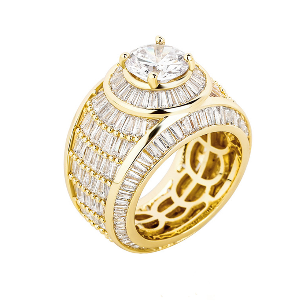Men's Hip Hop Full Diamond Stone Rings Bling 18k Real Gold Plated 5A Cubic Zircon Finger Ring Jewelry Gift