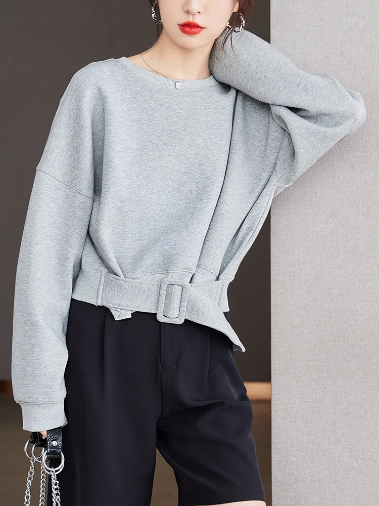 Stylish Grey Sweatshirts Autumn Winter Women Plain Long Sleeve Belt Waist Loose Casual Oversize Pullovers Korean Short Jumper 240813