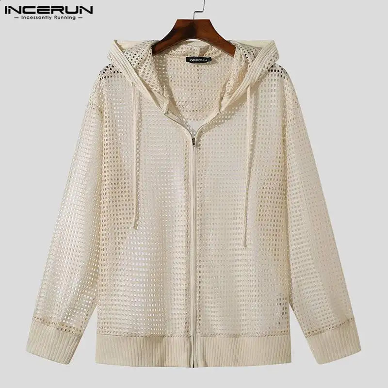 Men Hoodies Mesh Hollow Out Transparent Hooded Long Sleeve Zipper Sweatshirts Streetwear Solid Casual Cardigan Men INCERUN 240805