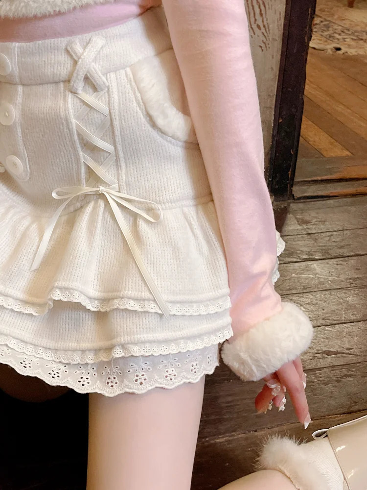 Japanese Kawaii Lolita Mini Skirt Women Winter Lace Casual Elegant Sweet Female Skirt High Waist Bandage Korean Skirt 2024 240805