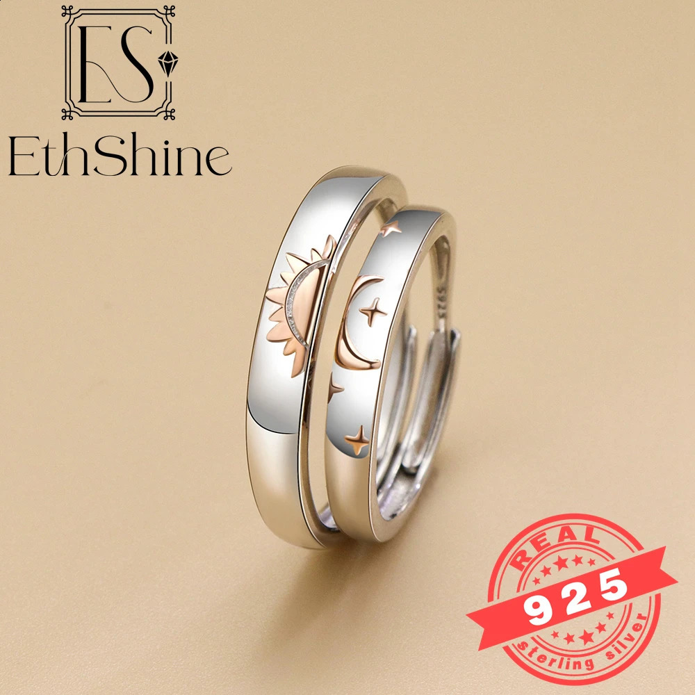 ETHSHINE 925 Sterling Silver Couple Ring Sun Moon Adjustable Open Ring Jewelry For Women Men Lover Wedding Anniversary Gifts 240905