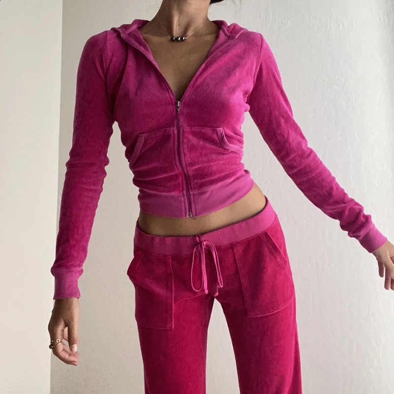 Rockmore Velvet Hooded Jacket WomenS Sweatshirts Harajuku Pockets Zip Up Crop Hoodies Aesthetic Slim Top Autumn Clothes 240813