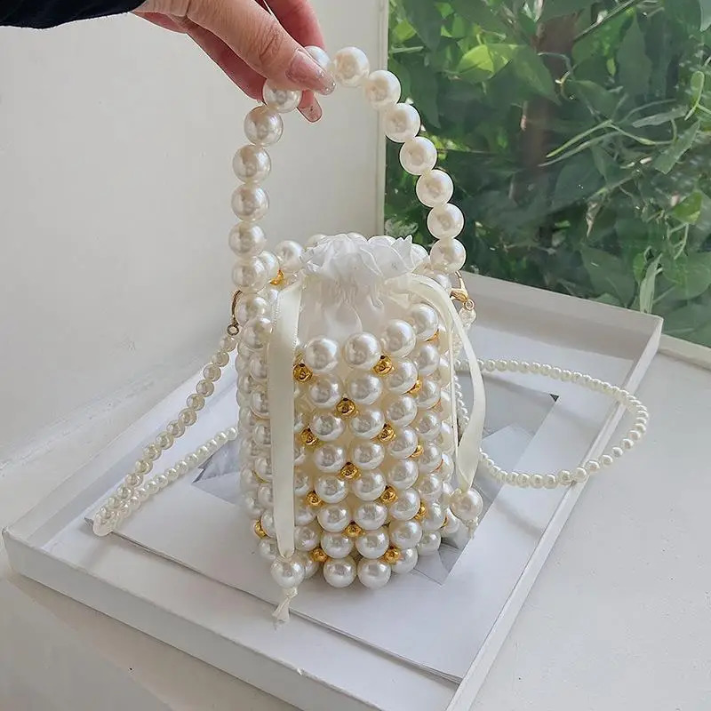 Womens small bucket handbag cross body bag womens pearl handbag womens beach rope shoulder bag 240805