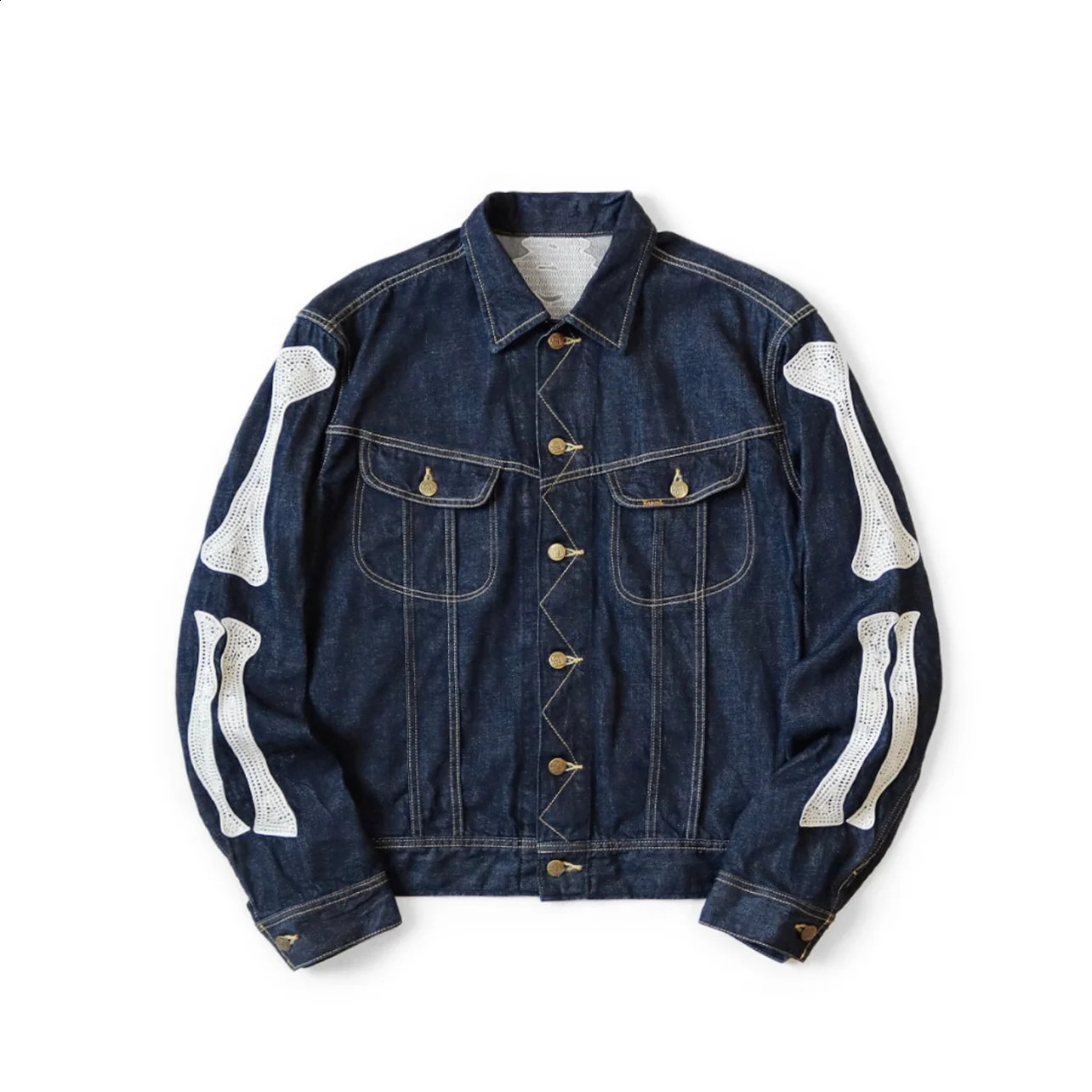 24SS KAPITAL Hirata Hiroshi Japanese Dark Blue Denim Lapel Bone Embroidery Loose Jacket High Quality Men Coats 240802