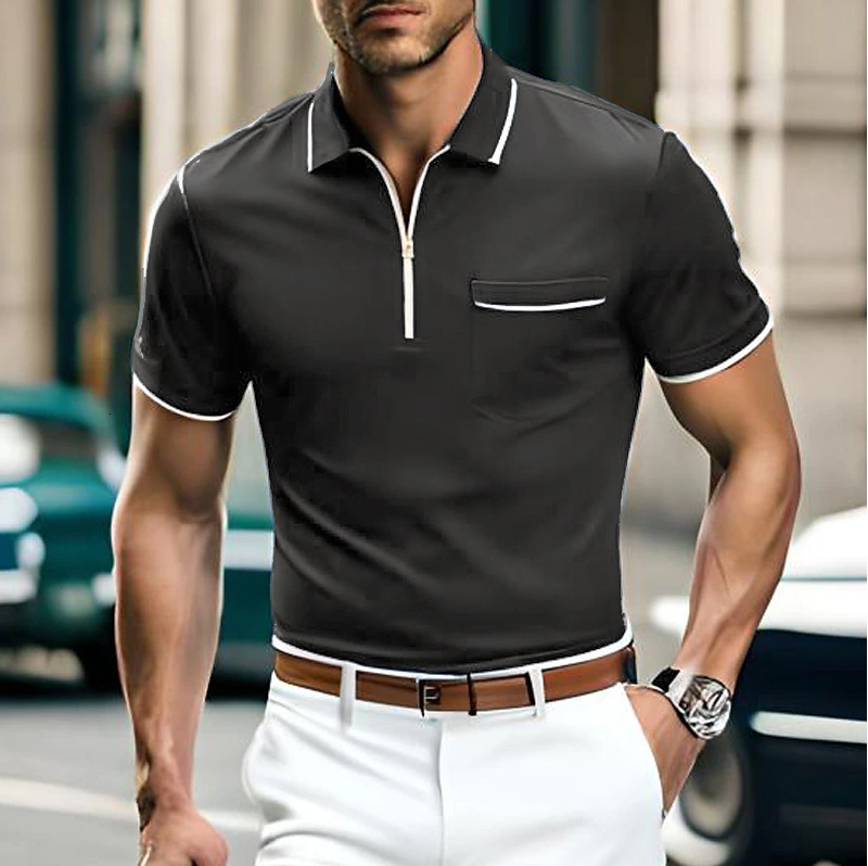 Summer new loose casual short sleeved zipper pocket men's sports polo shirt