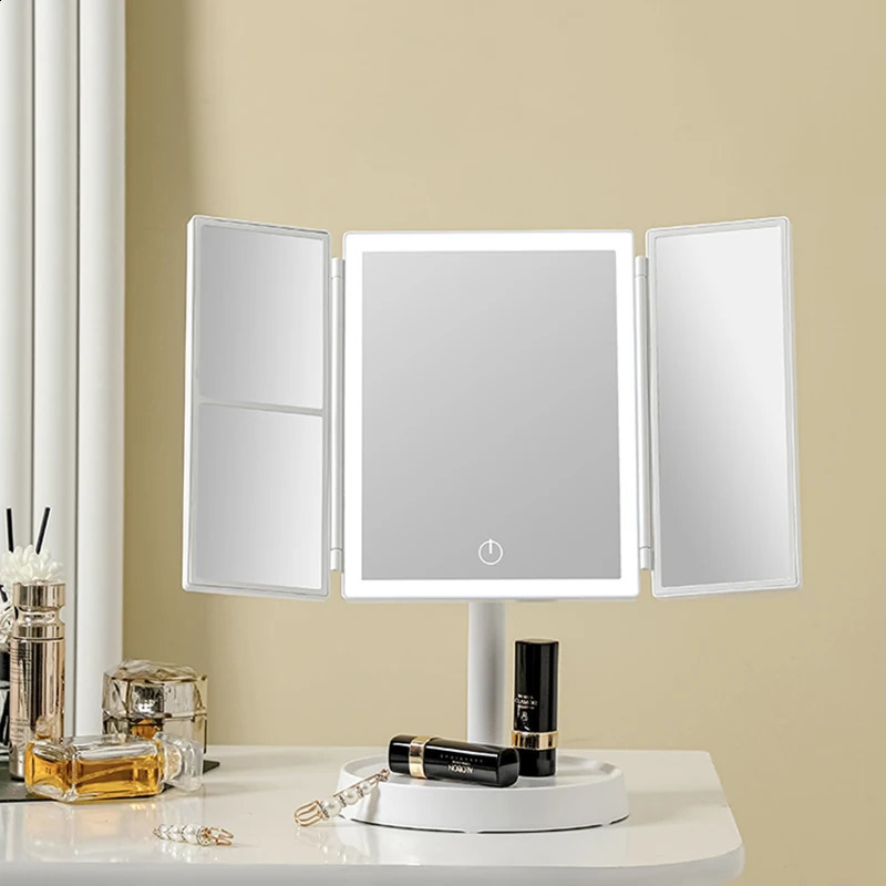 Folding LED makeup mirror with touch screen 3color light 2X3X magnifying 360 ° rotating rechargeable dimming 240729