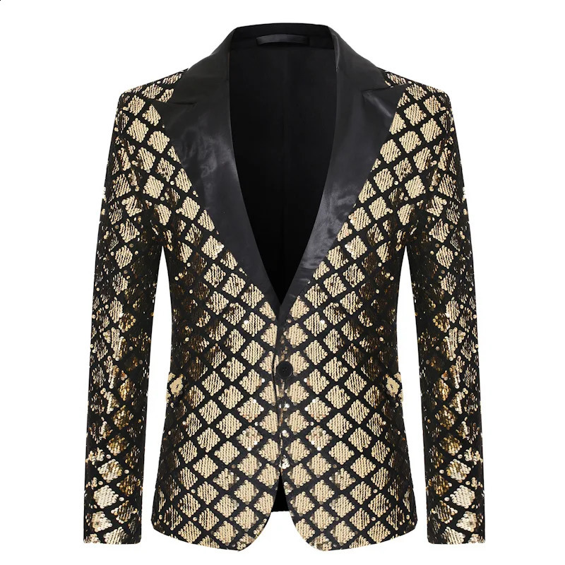Silver Sequin Plaid Blazer Jacket Men Fashion Slim FIt One Button Dress Suit Blazer Male Party Wedding Stage Costume Homme 240805