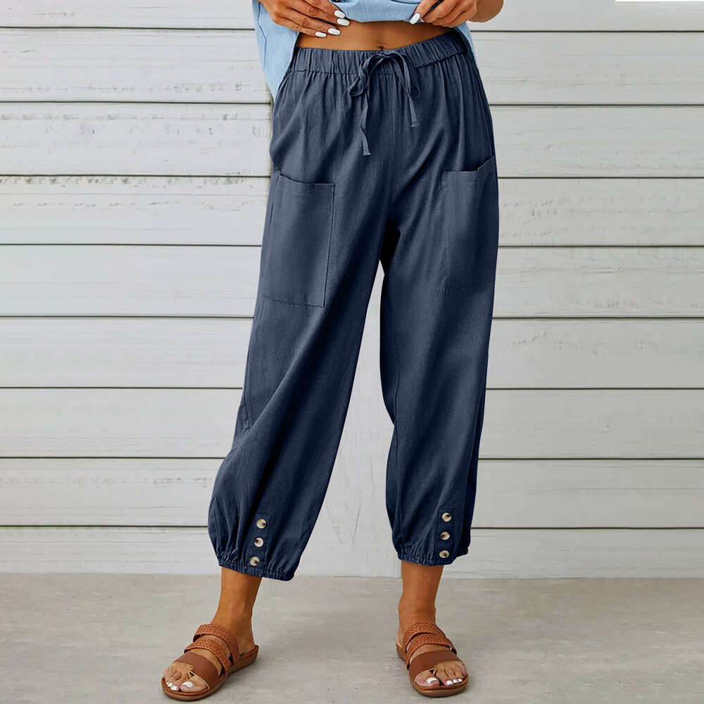 2024 New Loose High Waist Button Cotton Hemp Cropped Wide Leg Womens Pants Cotton Trousers Breathable Nine Points Sport Men Pants Cotton Gold Velvet P