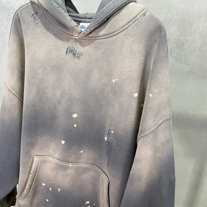 Street Wear Speckled Ink Rubbed Hooded Hoodies Fashion Sense Distressed Winter Coat Mens and Womens Baggy Washing Clothes 240805