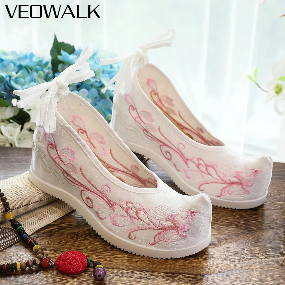 Veowalk Phoenix Embroidered Womens Cotton Fabric Inner Platform Shoes Retro Chinese Style Hanfu Shoes Grey Pink White 240802