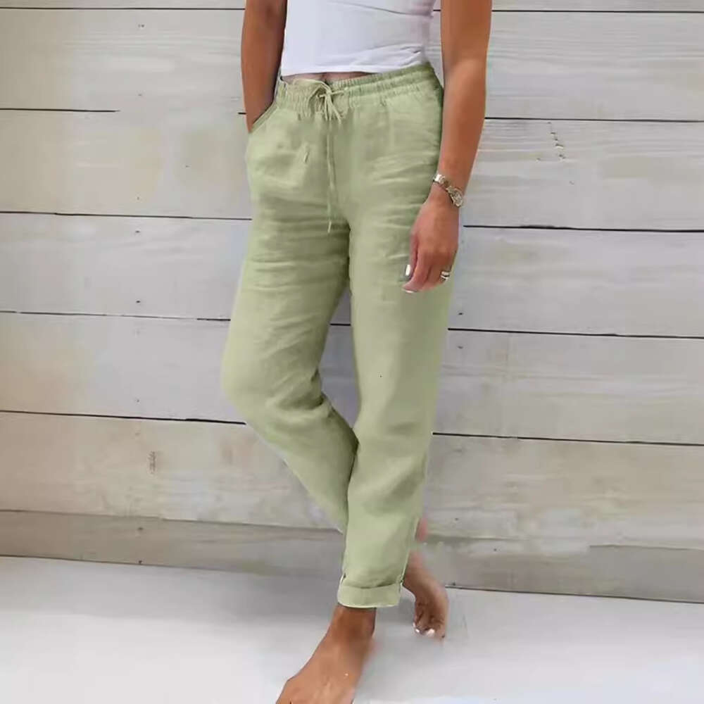 2024 Summer Elastic Waist Solid Color Cotton Hemp Wide Leg Loose Pants Womens Wear Cotton Trousers Straight Tube Plaid Trousers Overalls Gold Velvet P