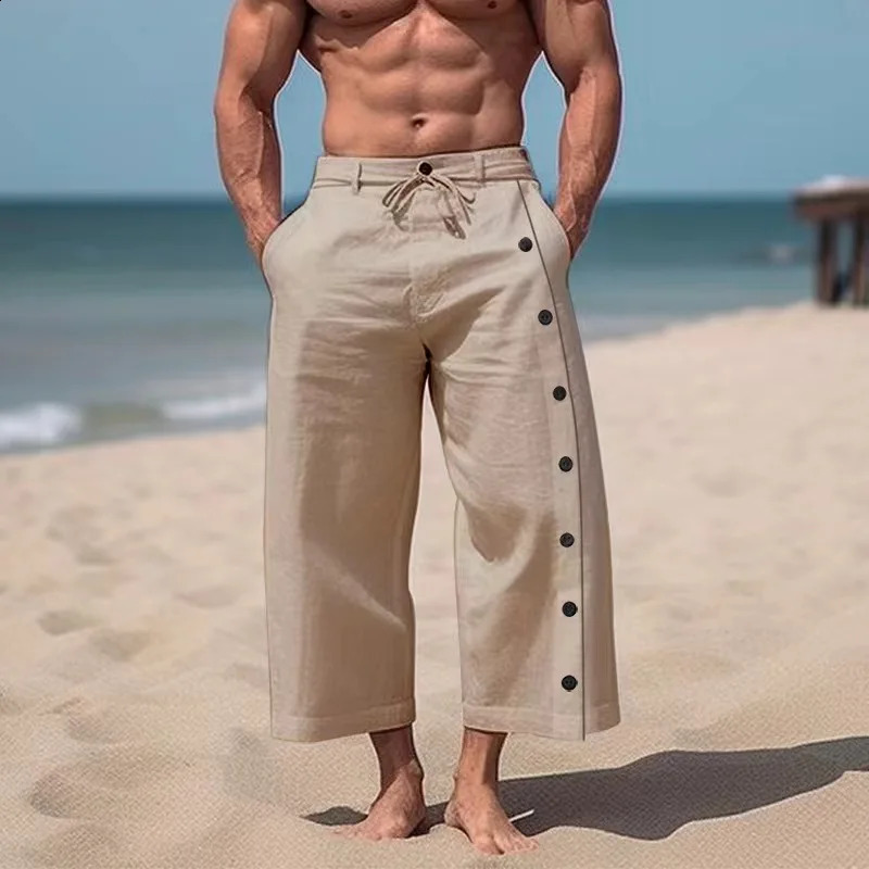 Spring Summer Fashion Vintage Men Cotton Linen Pants Side Buttoned Solid Trousers Casual Loose Male Oversized Wide Leg Pants 240805