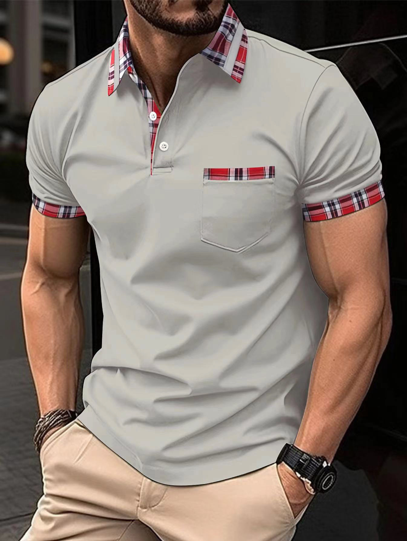 2023 new men's polo shirt short sleeved color blocked quick drying T-shirt top