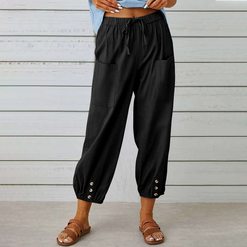 2024 New Loose High Waist Button Cotton Hemp Cropped Wide Leg Womens Pants Cotton Trousers Breathable Nine Points Sport Men Pants Cotton Gold Velvet P