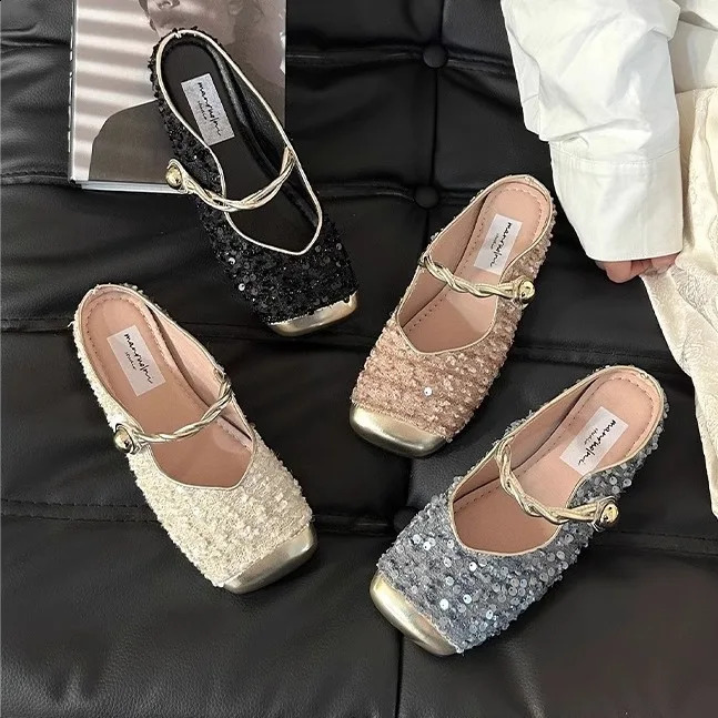 Square toe summer elegant womens sandals fashionable womens toe flat shoes half slider Chinese casual shoes 240802