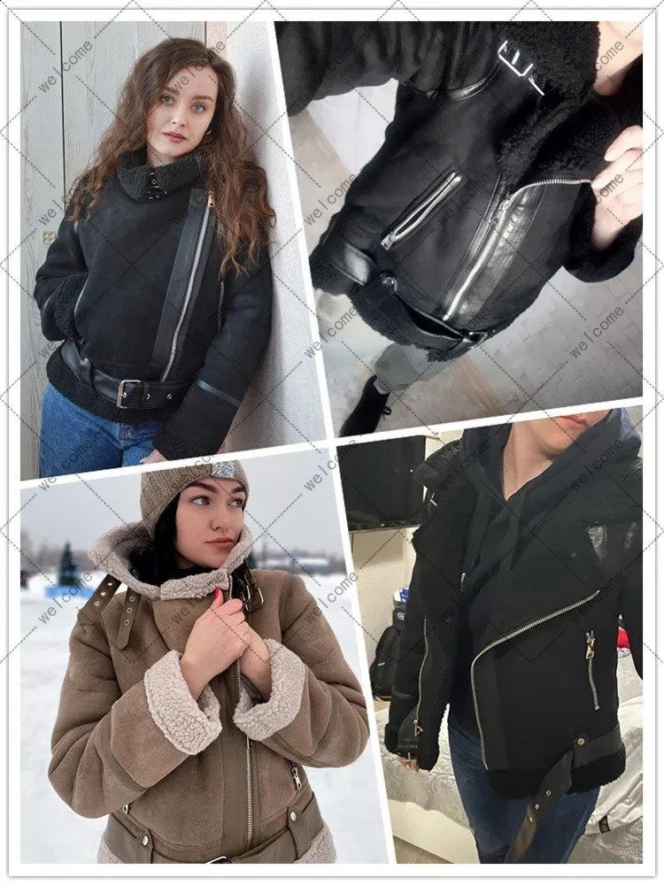 Winter womens thick warm suede sheepskin jacket short motorcycle brown artificial wool 240824