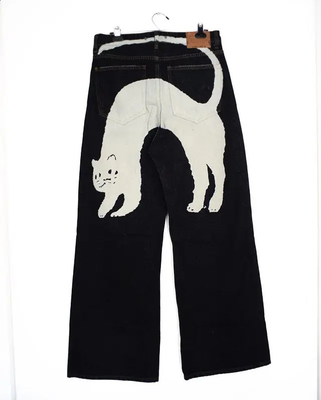Jeans Womens Y2K Harajuku Hip Hop Gothic Kawaii Cute Cat Print Oversized Jeans Fashion Casual High Waisted Wide Trousers 240805