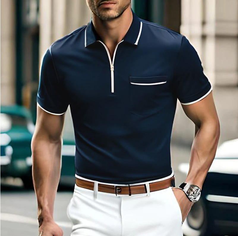 Summer new loose casual short sleeved zipper pocket men's sports polo shirt
