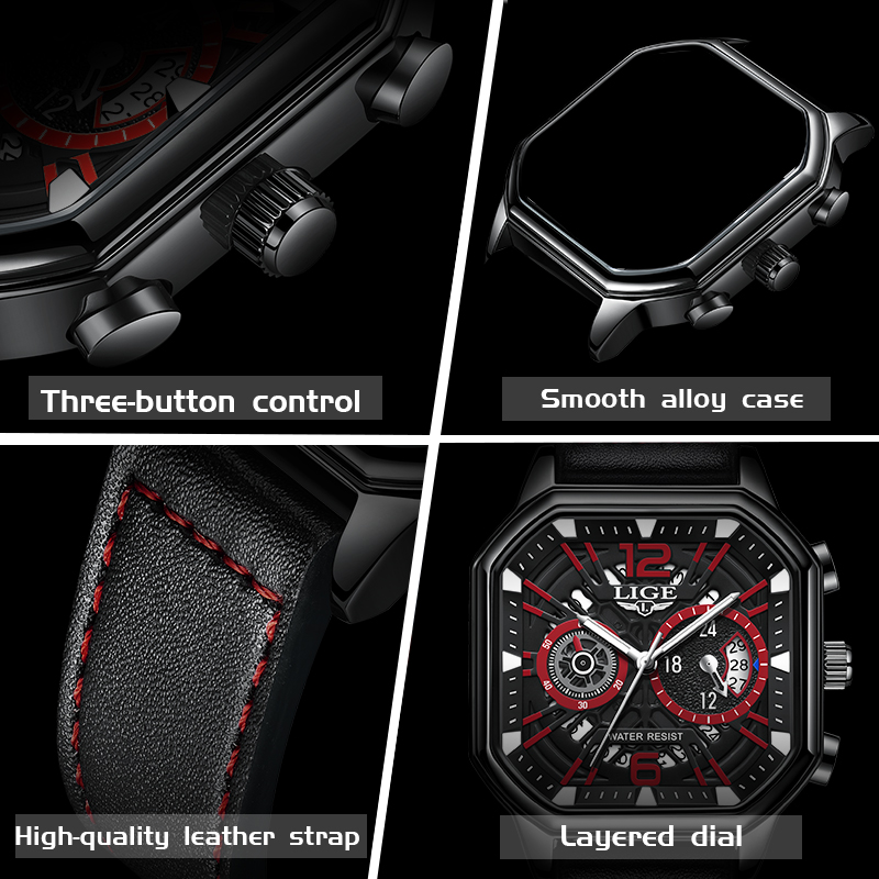 LIGE Men's Business Quartz watch Premium brand watch Premium leather strap Square dial Men's six-pin multi-function waterproof watch Holiday