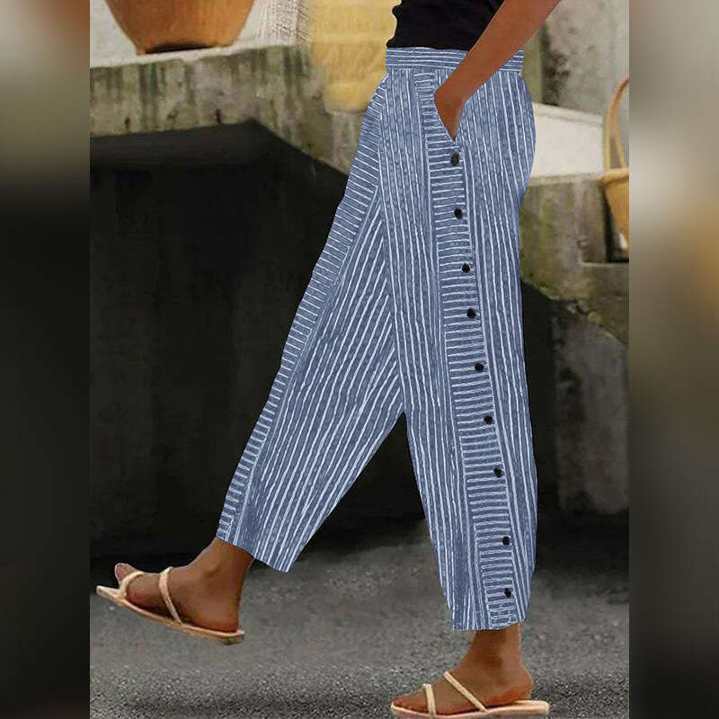 2024 New Womens Striped Casual Fashionable High Waisted Cropped Pants Small Leg Pants with Slight Elasticity Bound Feet Gold Velvet Pants Half Pants f