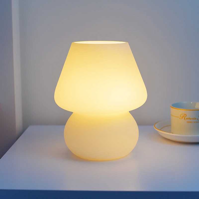 Ins Creative Glass LED Lamp Bedroom Bedside Table Night Light Striped Frosted Mushroom Table Simple Decoration Cute TranslucentM240731