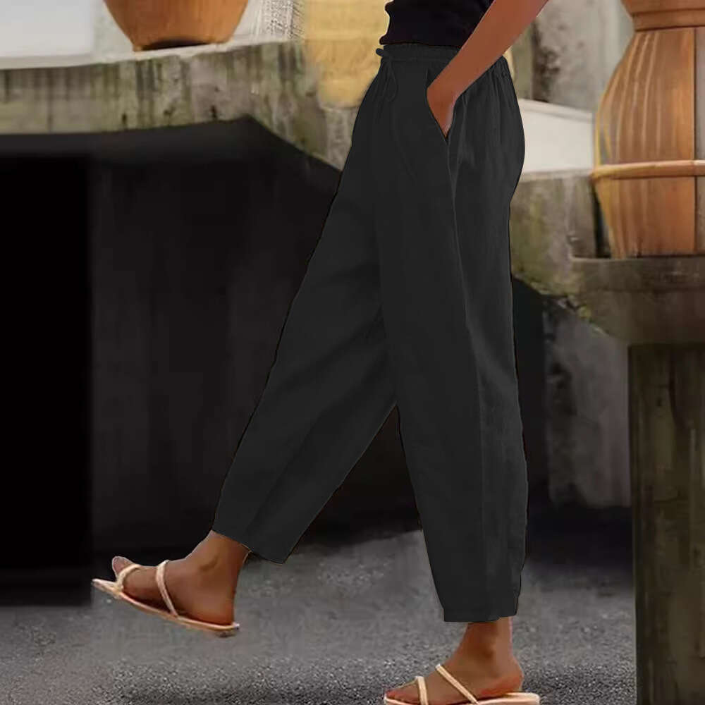 Spring Autumn New Cotton and Hemp Solid Color Fashion Daily Side Bag Elastic Casual Womens Pants College Style and Sweat Pants Unisex Waterproof Trous
