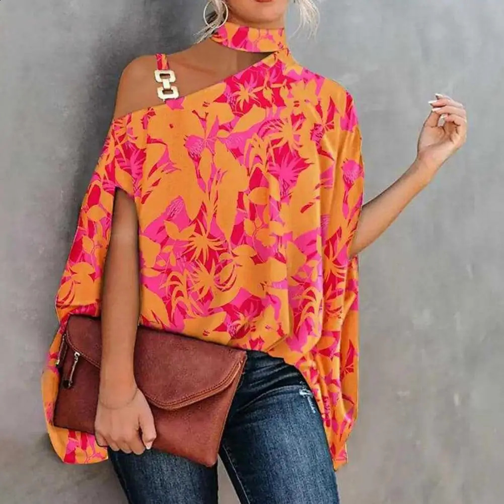 Elegant One-Shoulder Vintage Print Blouse | Autumn Loose Baggy Pullover Top B4