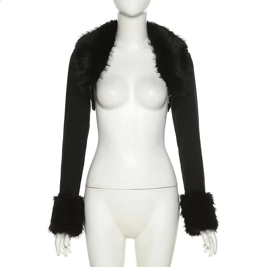 Artificial fur coat womens autumn clothing black short sleeved jacket knitted cut cardigan 240824
