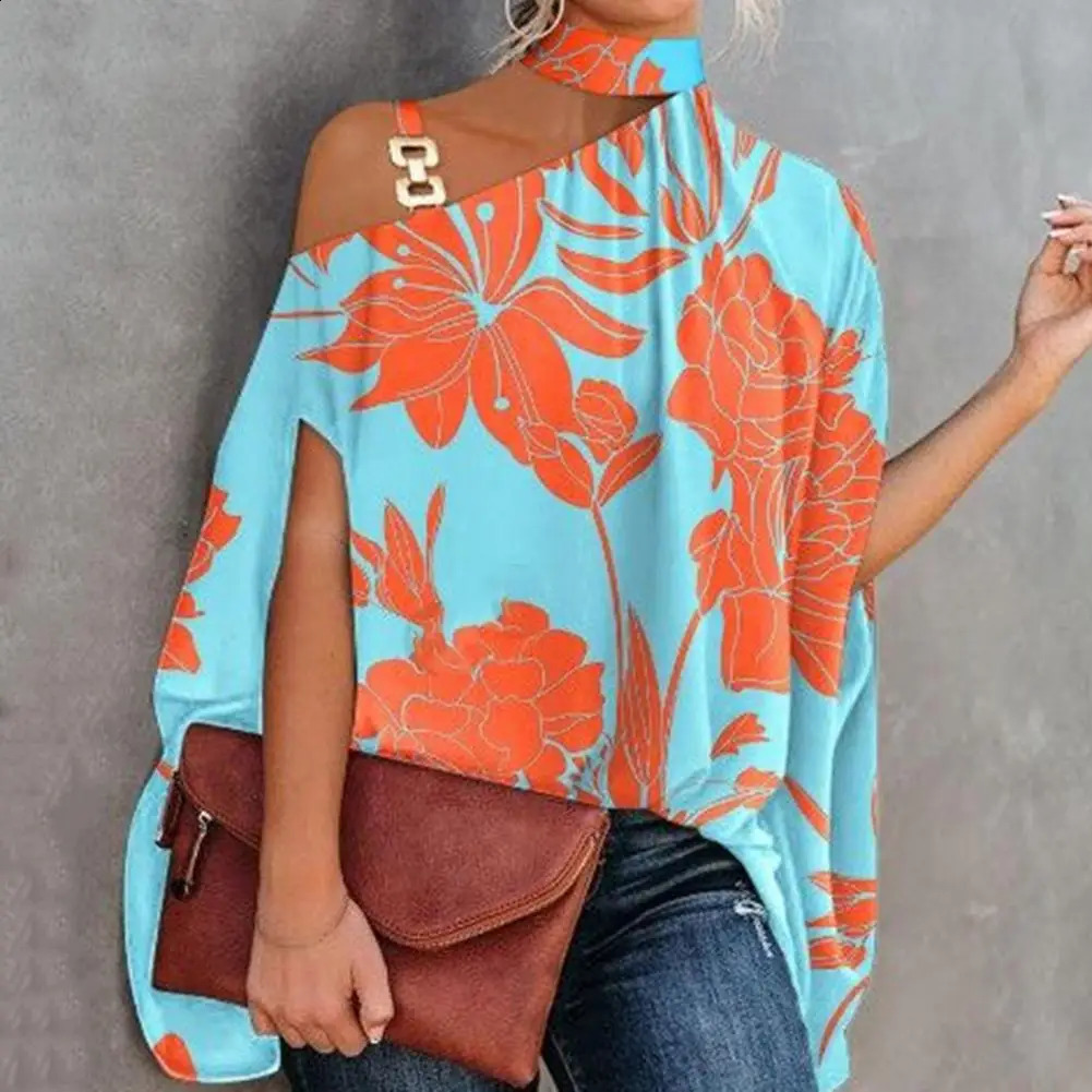 Elegant One-Shoulder Vintage Print Blouse | Autumn Loose Baggy Pullover Top B4