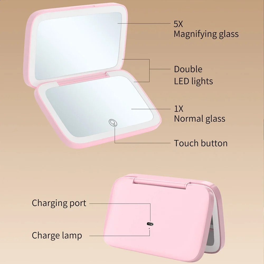 2sided LED rechargeable makeup mirror with 5X enlarged compact pocket travel aesthetic tool 240729