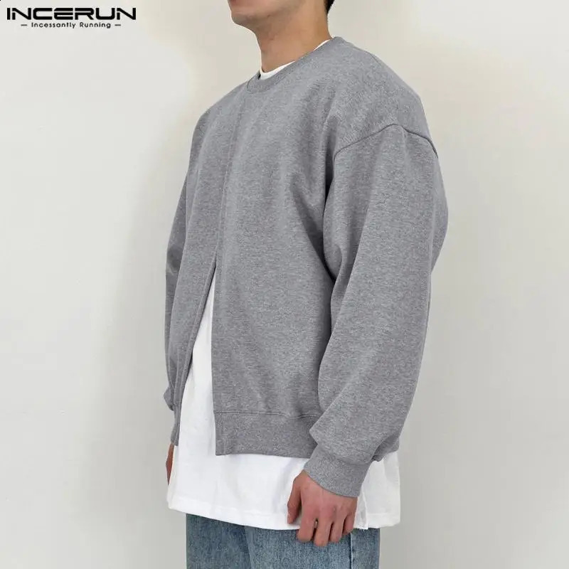 Men Hoodies Solid Color O-neck Long Sleeve Split Casual Sweatshirts Korean Streetwear Loose Male Pullovers S-5XL INCERUN 240805