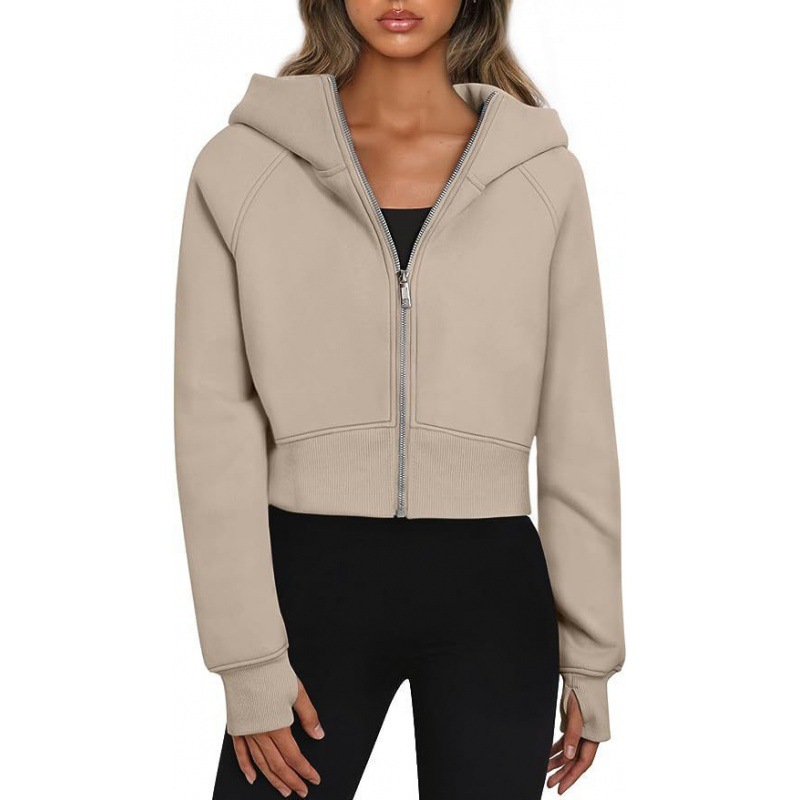 Crop Hoodie Womens Fleece Thickened Yoga Jacket Short Full Zipper Sport Hooded Loose Coat Cardigan Sweatshirt
