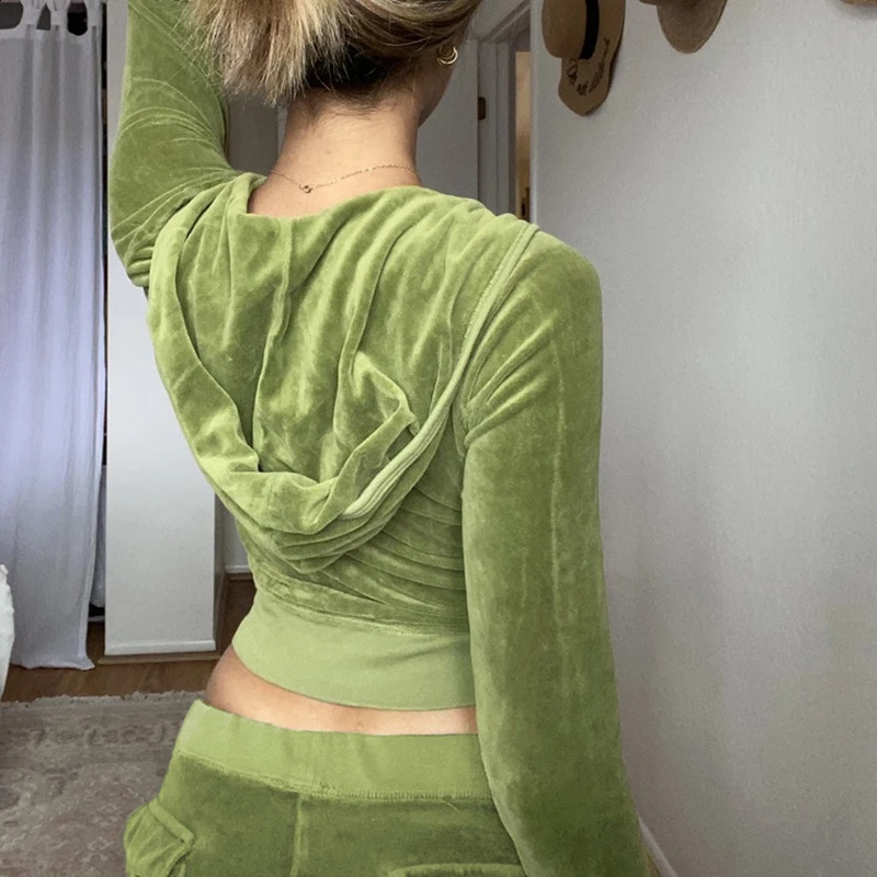 Rockmore Velvet Hooded Jacket WomenS Sweatshirts Harajuku Pockets Zip Up Crop Hoodies Aesthetic Slim Top Autumn Clothes 240813