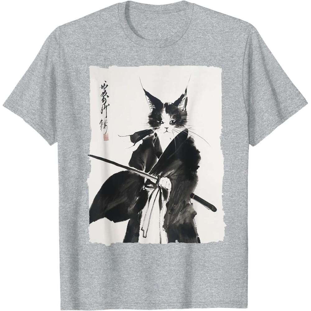 T shirt Mens Samurai Tee: Vintage Ukiyo-e Warrior Graphic Cat Art T-Shirt shirts tshirt graphic tee Casual tops summer clothes Short sleeve Free shipp