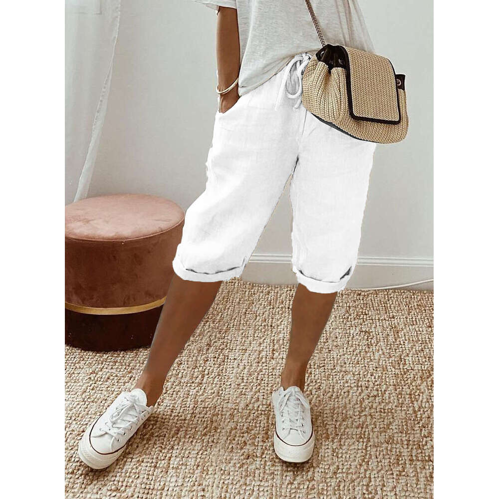 2024 Cotton and Hemp Pocket Elastic Casual Womens Pants 5/4 Nine Points Plaid Trousers Hip-hop Style Jeans for Pregnant Women Half Pants for Men