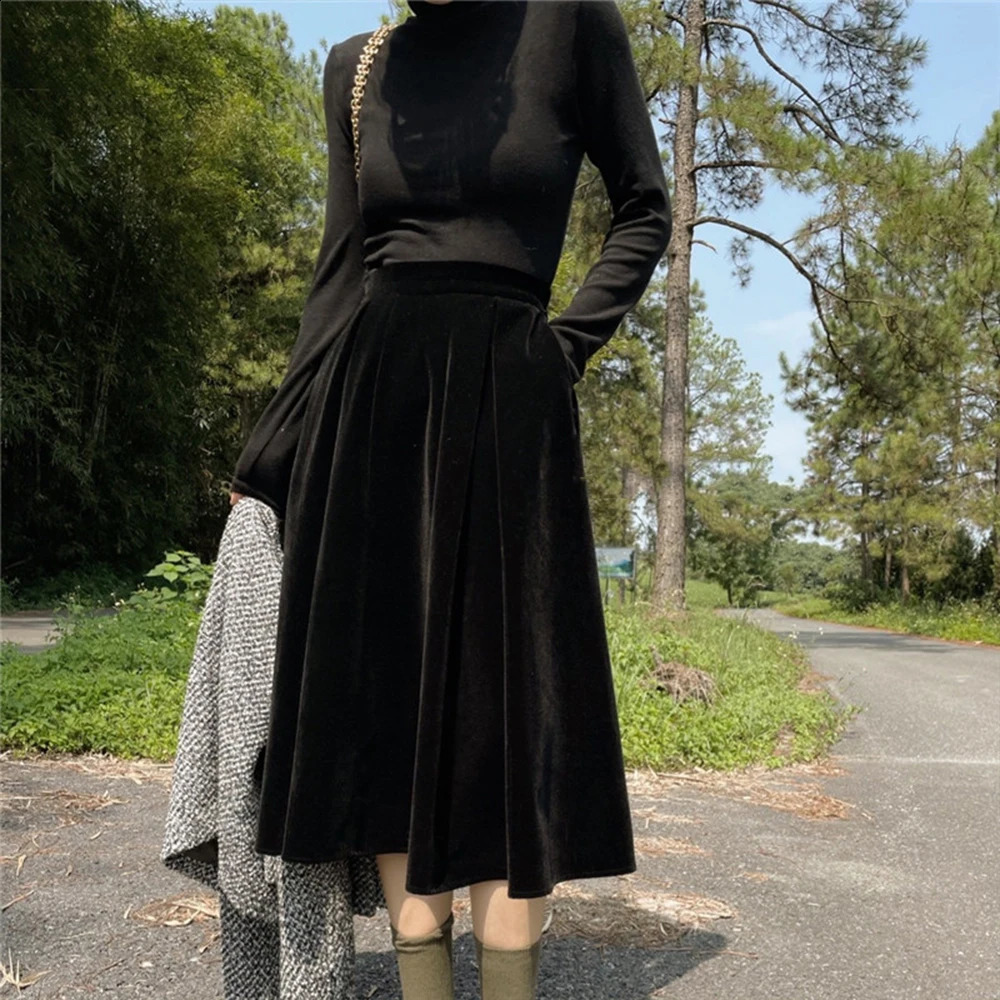 Arrival Women Autumn Winter Skirt Black Blue Coffee A Line Retro Vintage Long Midi Velvet Skirt SS0032 240802