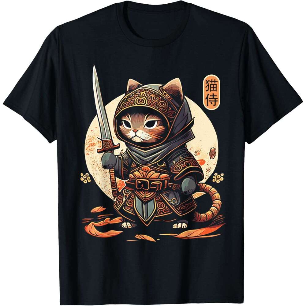 T shirt Mens Japanese Samurai Tattoo Kawaii Ninja Cat T-Shirt shirts tshirt graphic tee Casual tops summer clothes Short sleeve Free shipping