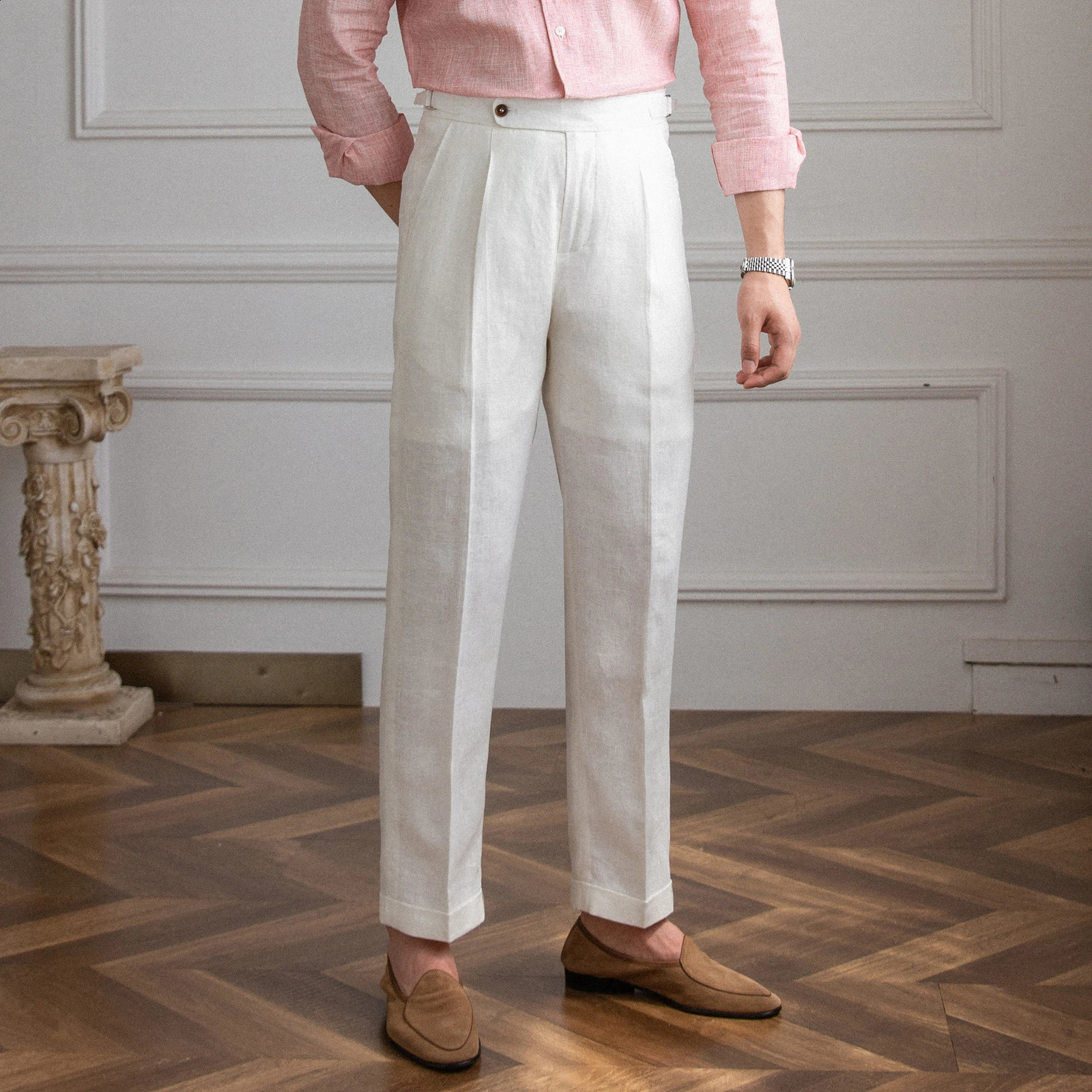 Mr. Lus Three Summers 100 Linen Italian Naples High Waist Mens Lightweight Breathable Casual Trendy Pants 240828