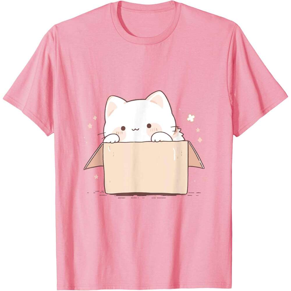 T shirt Mens Cute White Cat in a Box Japanese Kawaii Cartoon Graphic T-Shirt shirts tshirt graphic tee Casual tops summer clothes Short sleeve Free sh