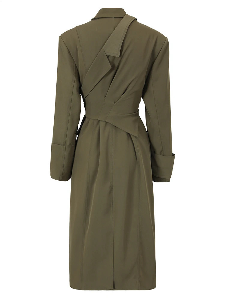 EAM Dark Green Irregular Trench Women Big Size Lapel Long Sleeve Loose Fit Windbreaker Fashion Spring Autumn 1DE27950 240805
