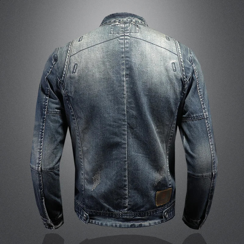 Spring mens retro denim jacket fashion ultrathin set motorcycle jeans solid color cotton 240824