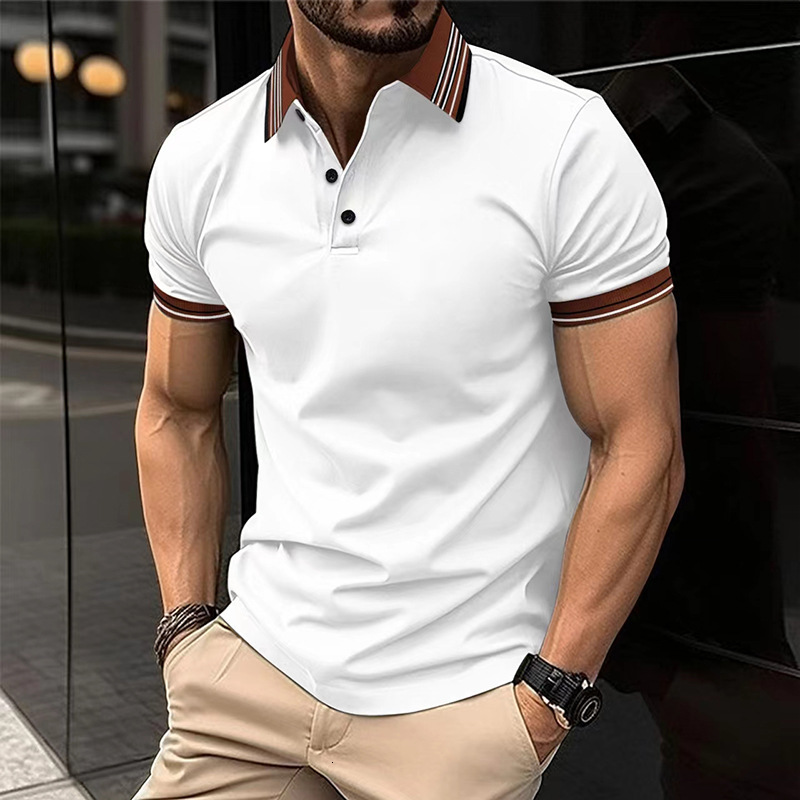 New men's solid color short sleeved polo shirt with a lapel collar